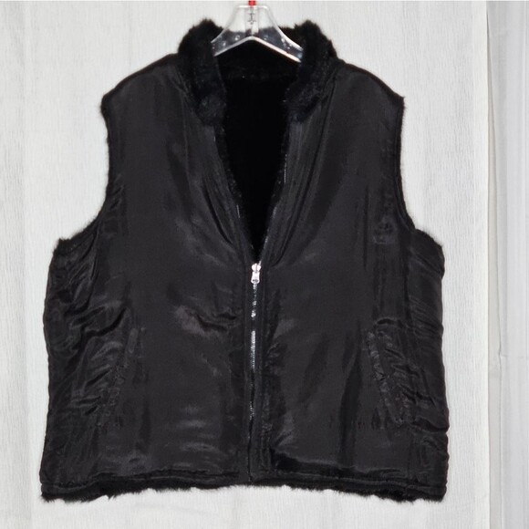 Prague Black Faux Fur Reversible Silk Blend Zip Front Side Pockets Dressy Vest - Picture 4 of 10
